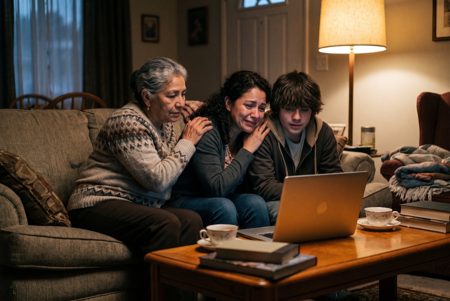 Three generations of a family on a sofa, watching a tribute video together on a laptop